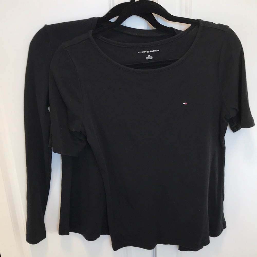 2 Black Tommy Hilfiger 100% cotton tops XS long sleeve and Small shirt sleeve